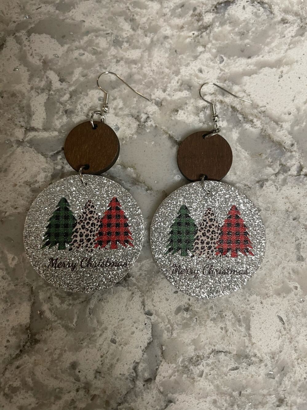 Christmas Tree Pattern Glitter Round Drop Earrings - NEW